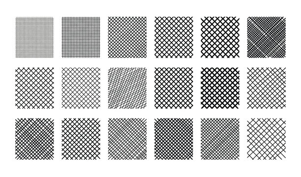 Hand-drawn crosshatch texture set, 18 black and white ink hatching patterns, vintage sketch shading swatches for comic art and architectural drawing