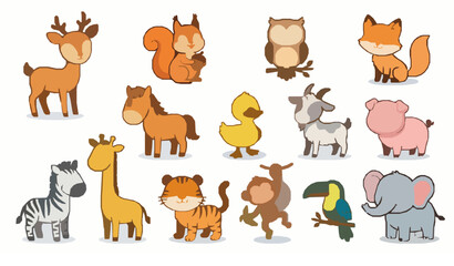Fototapeta premium Cartoon Animal Vector Illustration Set Including Bear, Hedgehog, Rabbit, Cow, Pig, Chick, Lion, Cat, Monkey, Flamingo, Crocodile, and Toucan for Education and Wildlife Design