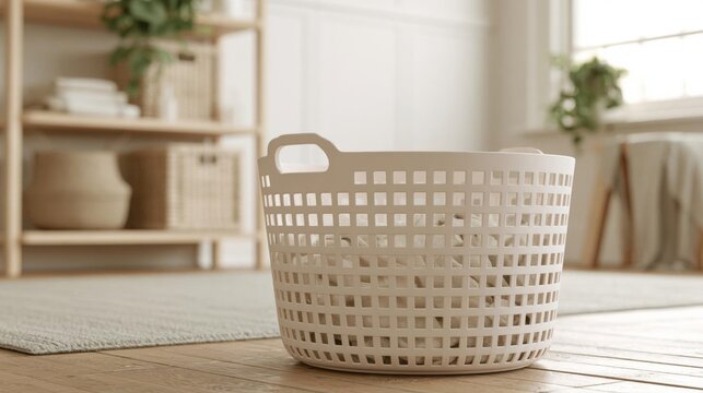 White laundry basket with a handle on the right side. the basket is made of plastic and has a lattice pattern on the sides.