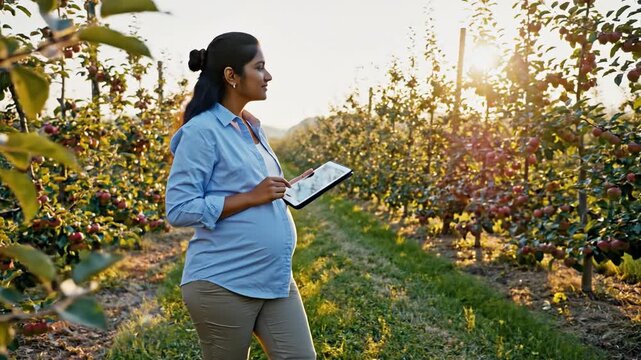 A pregnant Indian woman uses a digital tablet while walking through a sunny apple orchard. The scene captures modern farming and nature during golden hour. Ideal for agritech or maternity themes.