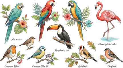 Obraz premium Tropical and wild bird collection illustration, colorful exotic parrots, flamingo and woodland birds with botanical decorative elements