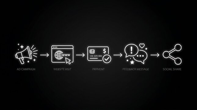 Online viral marketing strategy with megaphone website payment feedback and network icons on black background