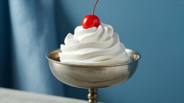 A close-up shot of a perfectly swirled soft-serve ice cream in a silver dish, topped with a bright red cherry and a vibrant red stem, suggesting a delightful treat.