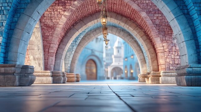 Historical stone archway tunnel leading to blurred medieval castle courtyard