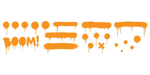 Set of orange spray paint graffiti drips and splatters with boom text ©  creative  marlia