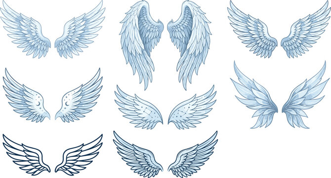 White angel wings vector collection, celestial feathered fantasy decorative tattoo illustration isolated heavenly mystical design elements artwork set