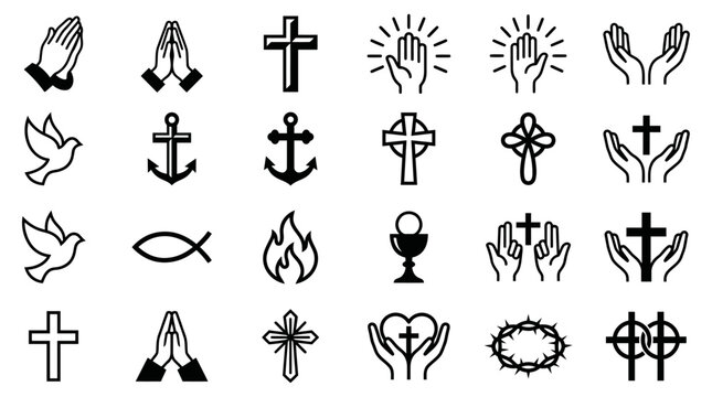 Set of black and white religious silhouette icons including praying hands, crosses, doves, fish, flame, anchor, chalice, heart, and crown of thorns