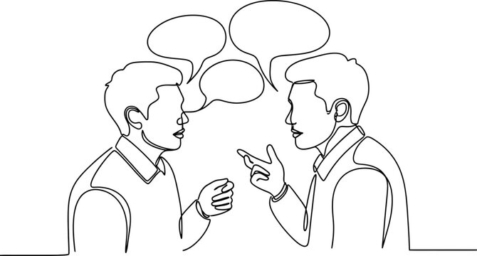 Two men talking, continuous line drawing, speech bubbles, communication concept