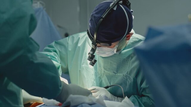 Medical team two doctors surgeons busy with difficult surgery on sick patient using sterile specialized tools health care medicine cancer therapy practitioners men doing advanced cardiology medication