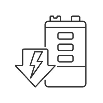 Battery discharging linear icon. Self-discharge. Energy draining. Durability deterioration. Thin line customizable illustration. Contour symbol. Vector isolated outline drawing. Editable stroke