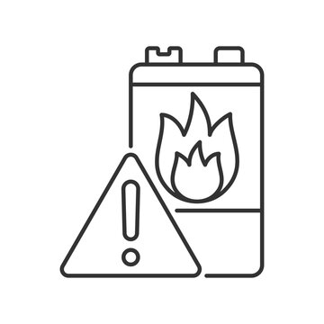 Battery flammability linear icon. Accumulator flash point. Thermal runaway. Fire start risk. Thin line customizable illustration. Contour symbol. Vector isolated outline drawing. Editable stroke