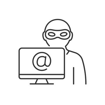Alias linear icon. Stealing identity online. Malicious activity. Cybercrime. Thin line customizable illustration. Contour symbol. Vector isolated outline drawing. Editable stroke. Arial font used
