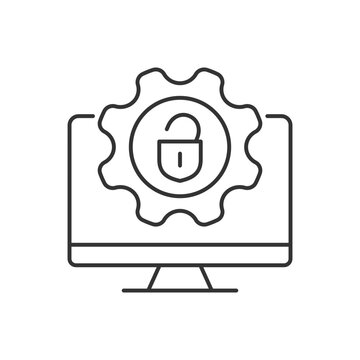 Jailbreak linear icon. Remove manufacturers restriction. Install phone software. Thin line customizable illustration. Contour symbol. Vector isolated outline drawing. Editable stroke. Arial font used