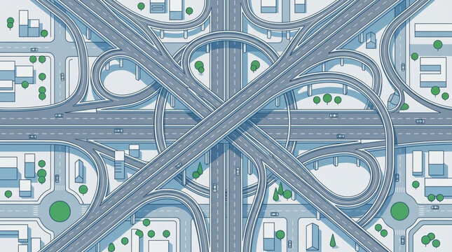 Complex highway interchange seen from above with many cars.