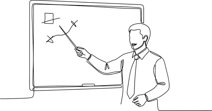 Man teaching with pointer at whiteboard, simple line drawing, presentation concept