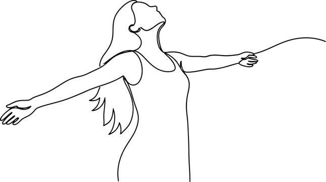 Woman with arms outstretched, looking up, celebrating freedom, minimalist line art