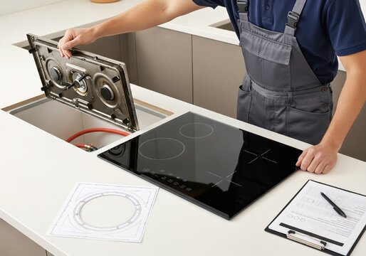A technician in overalls removes an old gas hob in order to install a new electric hob, using a plan and paperwork to ensure the appliance replacement is correct
