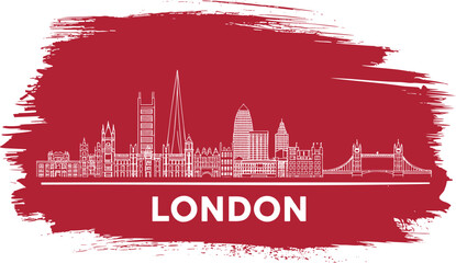 Obraz premium Detailed London United Kingdom city skyline outline on a vibrant red grunge paint brush stroke background