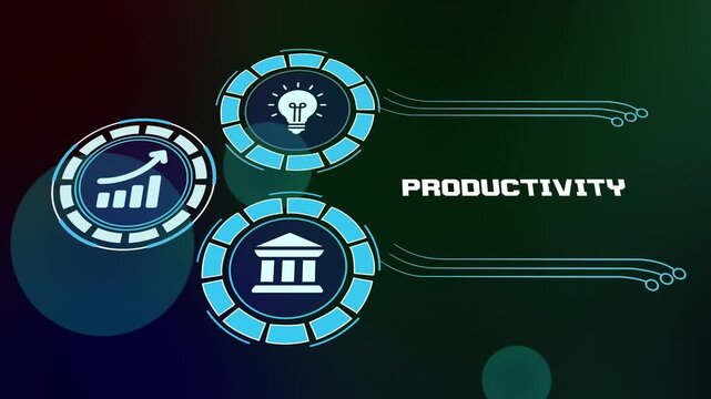 Futuristic digital interface showing business productivity metrics with light bulb and growth icons on a dark background for corporate efficiency concepts.