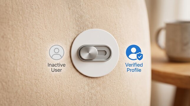 Minimalist toggle switch interface showing inactive user and verified profile status settings on a soft textured background for modern digital design concepts