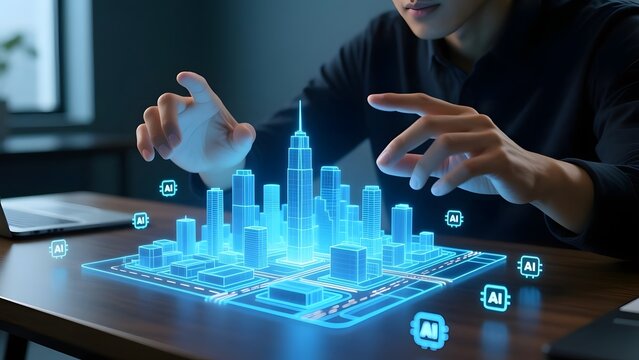 Futuristic 3D hologram city model, architect interacting with virtual urban planning interface, glowing blue digital skyscraper projection