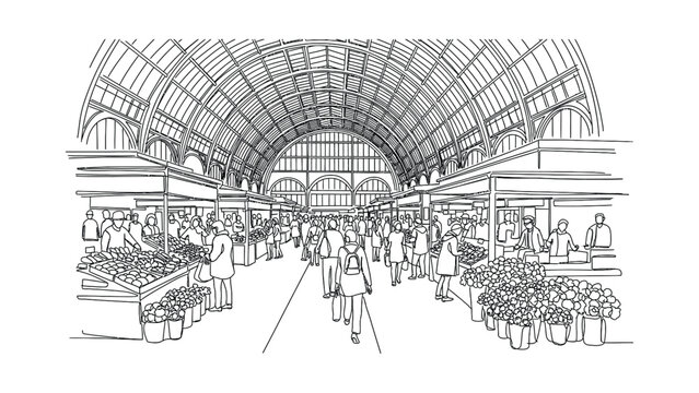 Black and white hand drawn sketch of a bustling indoor market hall with people.