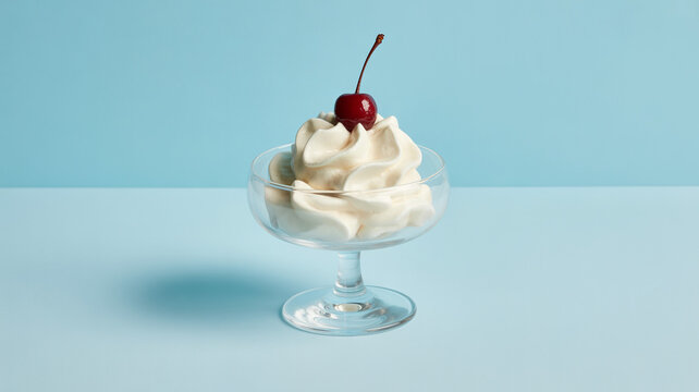 A beautifully whipped cream dessert in a clear glass bowl, topped with a bright red maraschino cherry, presented a soft blue background, evoking a sense of simple indulgence and sweetness.