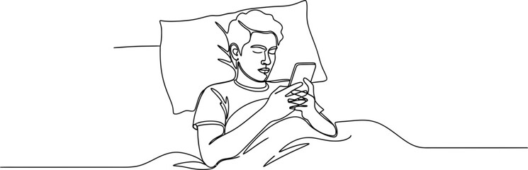 Fototapeta premium Continuous line drawing of a young man lying in bed using a smartphone at night.