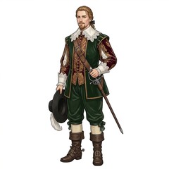 Obraz premium Seventeenth century cavalier in a green and gold doublet holding a rapier and feathered hat