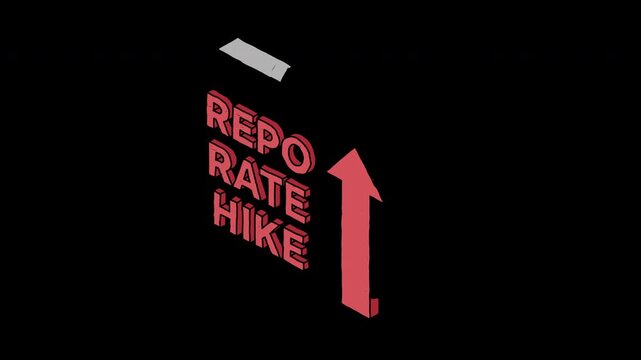 Repo rate hike typography upward arrow and percentage symbol isometric hand drawn animation 4k animated video, alpha transparent video