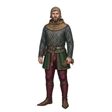 Medieval man in a patterned blue doublet and green surcoat wearing a brown hood and coif