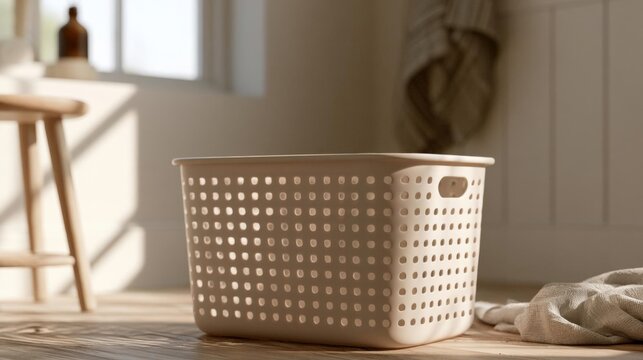 White laundry basket on a wooden floor in a room with a window in the background. the basket is made of plastic and has a handle on the top for easy carrying.