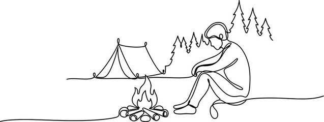 Minimalist line art of a person camping by a campfire with a tent and trees © keenan