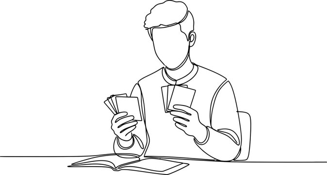Person holding cards, planning strategy at table with open book, continuous line art