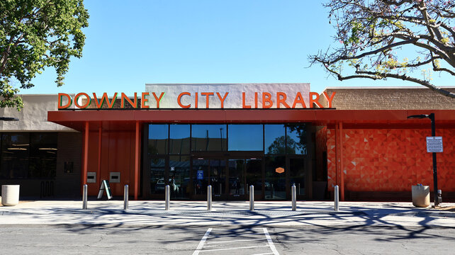 Downey, California &ndash; October 28, 2025: Downey City Library at the Civic Center, public library and community education facility