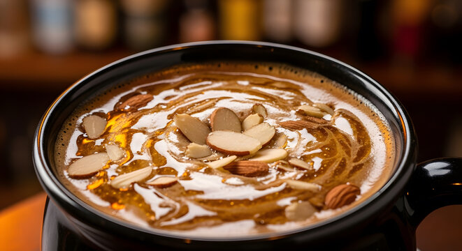 A close up of tasty honey and almond latte beverage from Mexico, served in a black cup focusing on its top whipped cream and almond nuts against a restaurant background