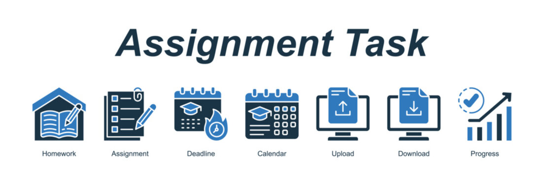 Assignment Task web banner icon concept for with icon of Homework, Assignment, Deadline, Calendar, Upload, Download, Progress.