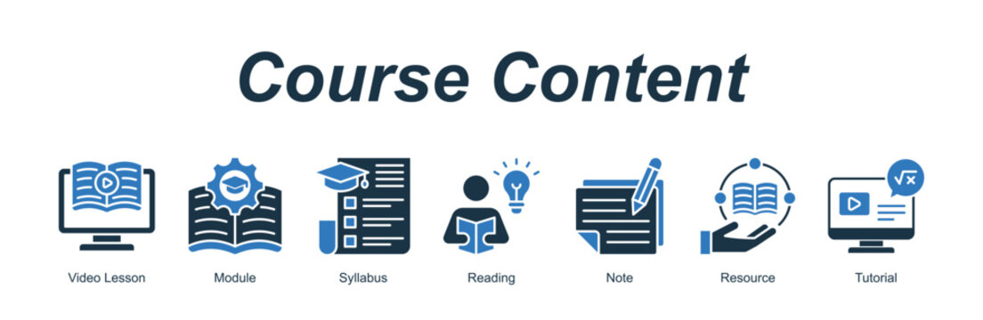 Course Content web banner icon concept for with icon of Video Lesson, Module, Syllabus, Reading, Note, Resource, Tutorial.