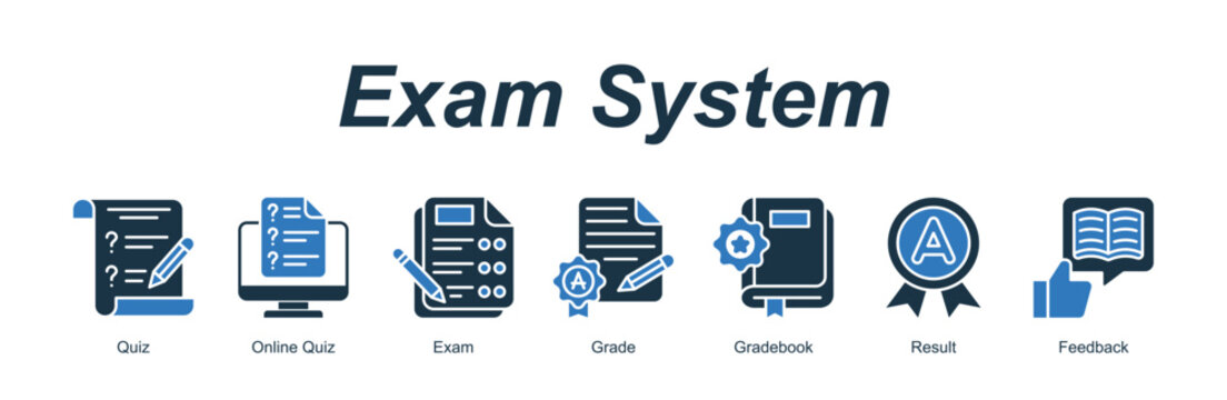 Exam System web banner icon concept for with icon of Quiz, Online Quiz, Exam, Grade, Gradebook, Result, Feedback.