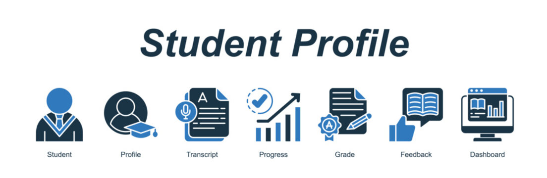 Student Profile web banner icon concept for with icon of Student, Profile, Transcript, Progress, Grade, Feedback, Dashboard.