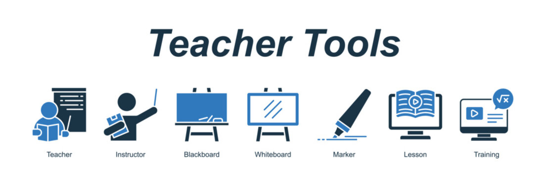 Teacher Tools web banner icon concept for with icon of Teacher, Instructor, Blackboard, Whiteboard, Marker, Lesson, Training.