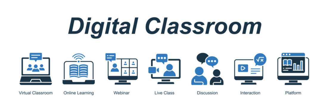 Digital Classroom web banner icon concept for with icon of Virtual Classroom, Online Learning, Webinar, Live Class, Discussion, Interaction, Platform.