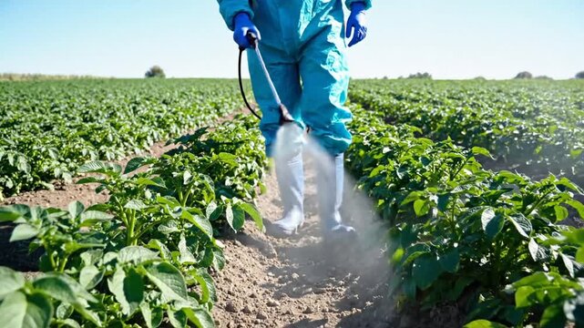 Farmer in protective suit spraying crops in a green field, showcasing agriculture, pest control, plant care, and modern farming practices under daylight.