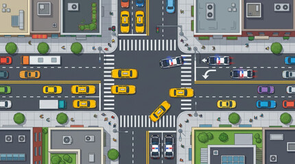Aerial View of Busy City Intersection with Traffic and Buildings. © Caper