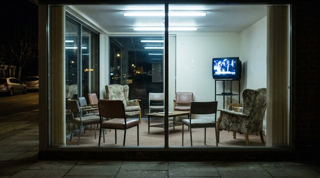 Empty chairs in care home common room at night &mdash; collective solitude, aging concept