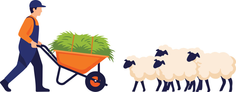 Farmer Pushing Hay Wheelbarrow Toward Sheep Flock for Livestock Feeding