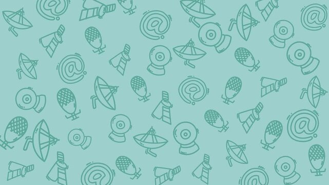 Pattern doodle technology communication icons on teal background. Perfect for web design projects, presentations, digital marketing materials, and social media graphics.