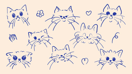 Vector set of hand drawn cat faces with different emotions. Blue ink doodle illustrations of cute kittens, funny cats, and expressive feline characters isolated on light background for stickers, emoji © Ayaulym