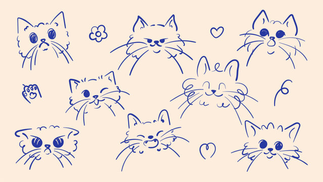 Vector set of hand drawn cat faces with different emotions. Blue ink doodle illustrations of cute kittens, funny cats, and expressive feline characters isolated on light background for stickers, emoji