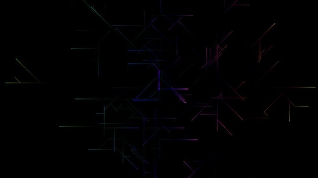 Digital network with moving and growing rainbow neon lines forming a technological grid on a black background